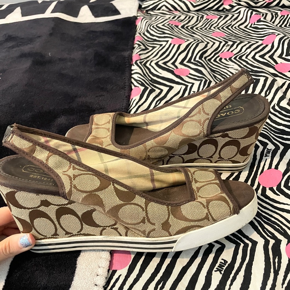 Coach Tan and Brown Patterned Wedges
